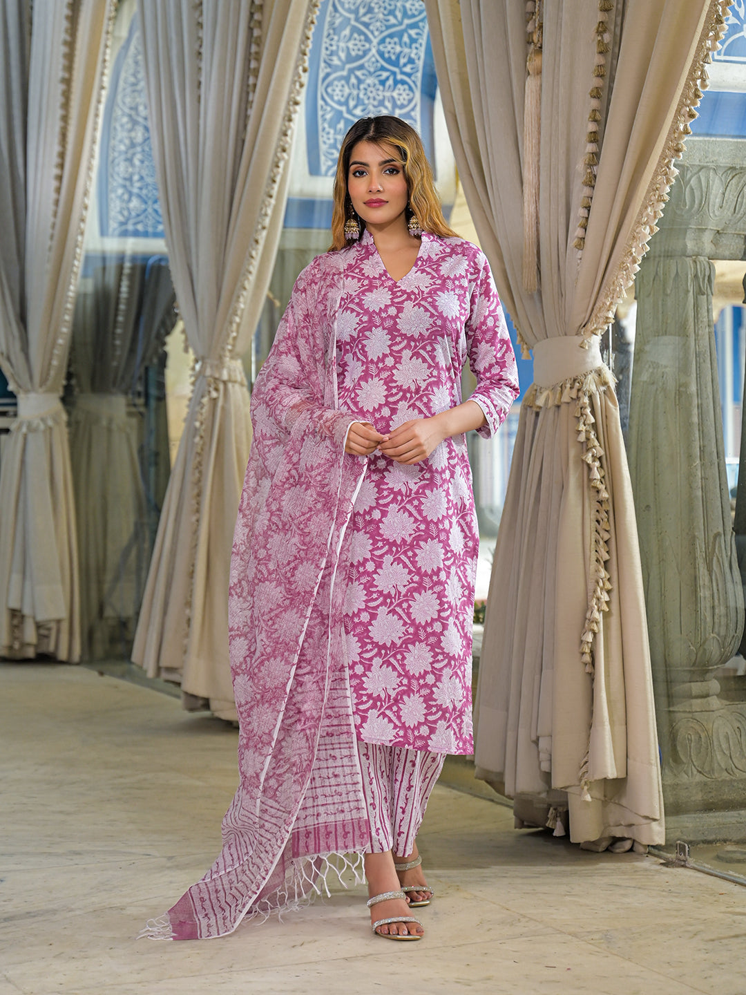 Noe Velarro Pink Hand Block Cotton Straight Kurta Pant With Dupatta