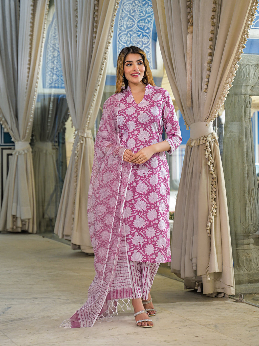 Noe Velarro Pink Hand Block Cotton Straight Kurta Pant With Dupatta