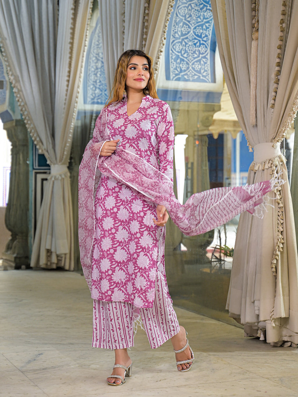 Noe Velarro Pink Hand Block Cotton Straight Kurta Pant With Dupatta