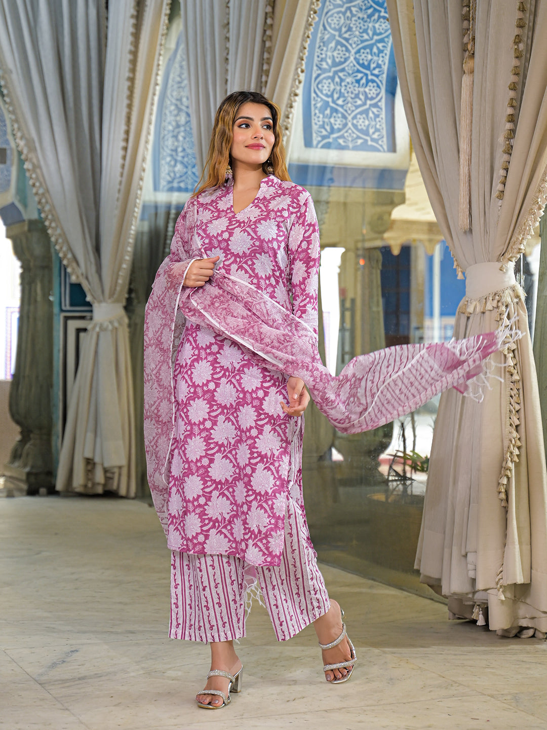 Noe Velarro Pink Hand Block Cotton Straight Kurta Pant With Dupatta