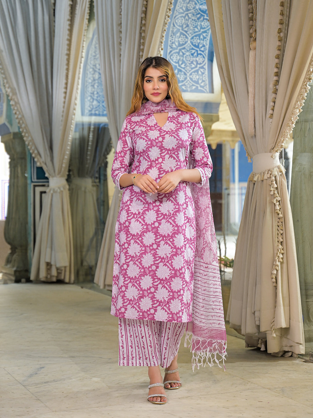 Noe Velarro Pink Hand Block Cotton Straight Kurta Pant With Dupatta