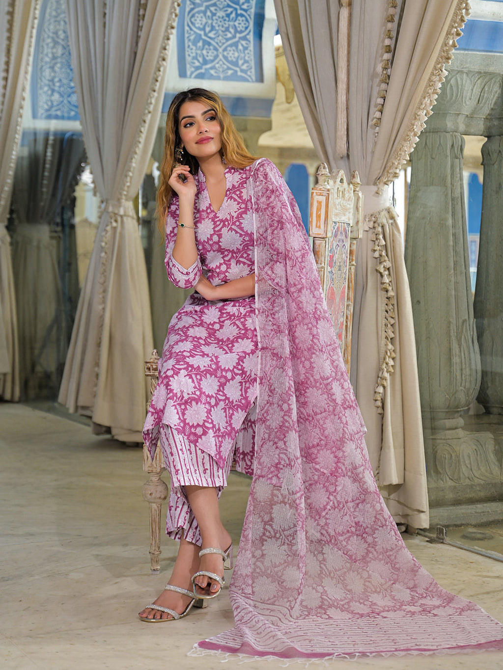 Noe Velarro Pink Hand Block Cotton Straight Kurta Pant With Dupatta