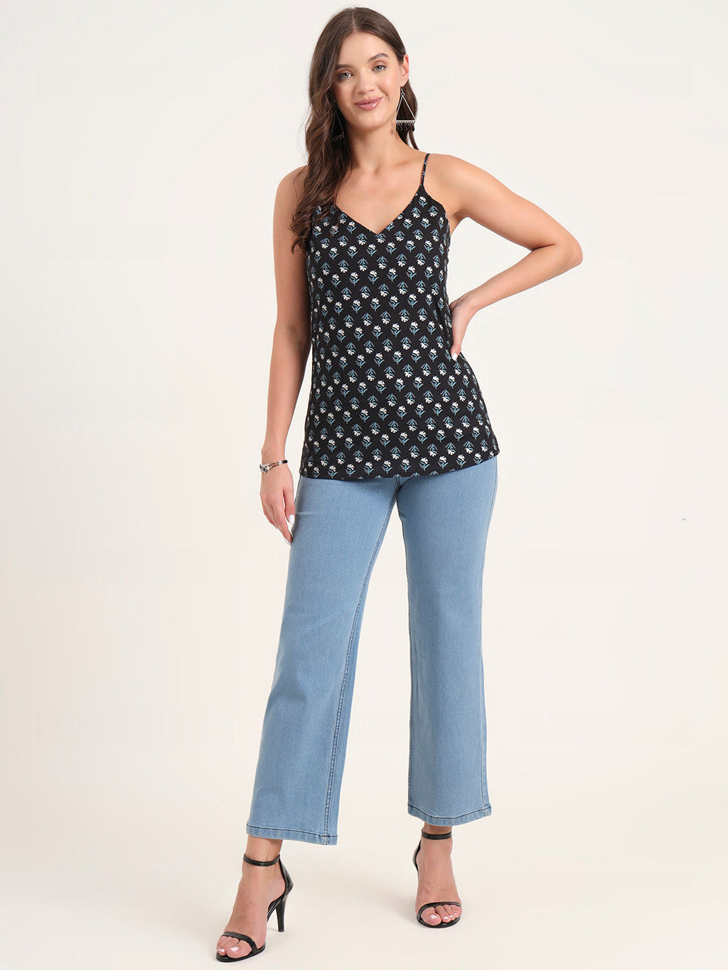 Noe Velarro Black Printed Cotton Shoulder Strap Top