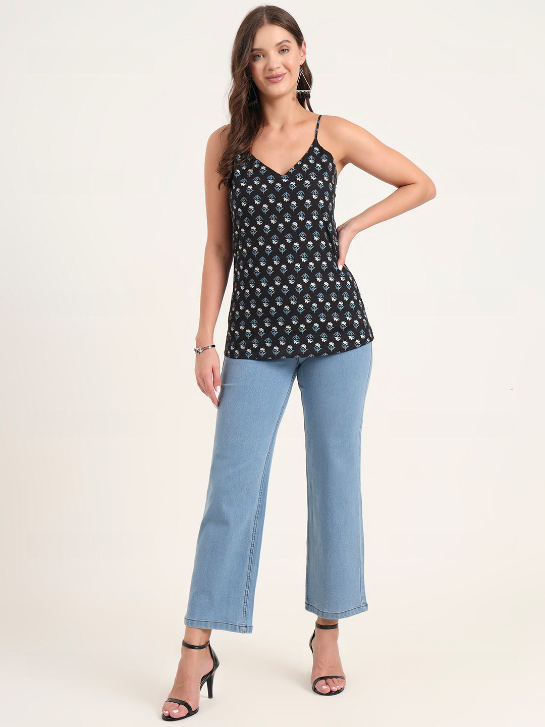 Noe Velarro Black Printed Cotton Shoulder Strap Top
