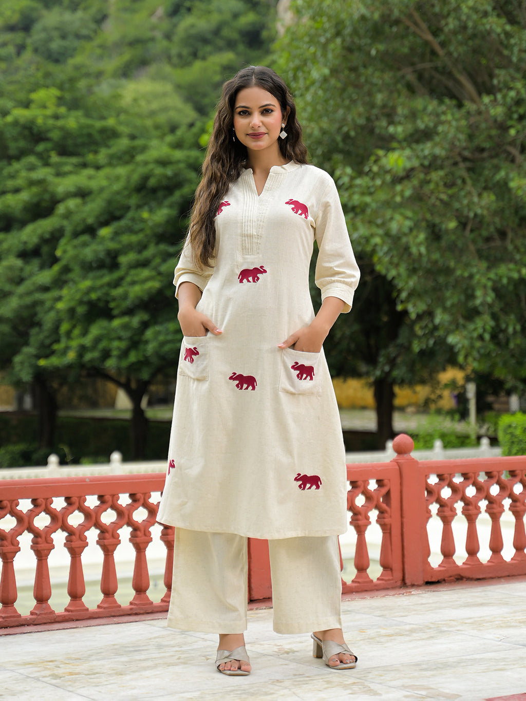 Noe Velarro Off White Embroidered Cotton A-line Kurta Pant Sets