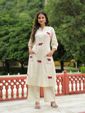 Noe Velarro Off White Embroidered Cotton A-line Kurta Pant Sets
