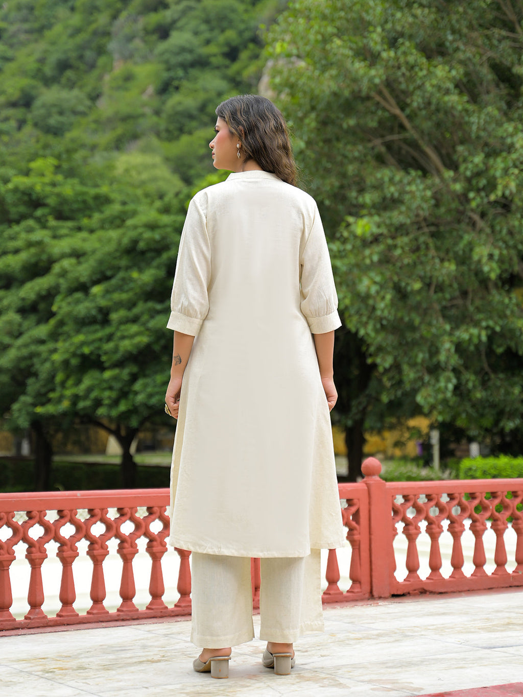 Noe Velarro Off White Embroidered Cotton A-line Kurta Pant Sets