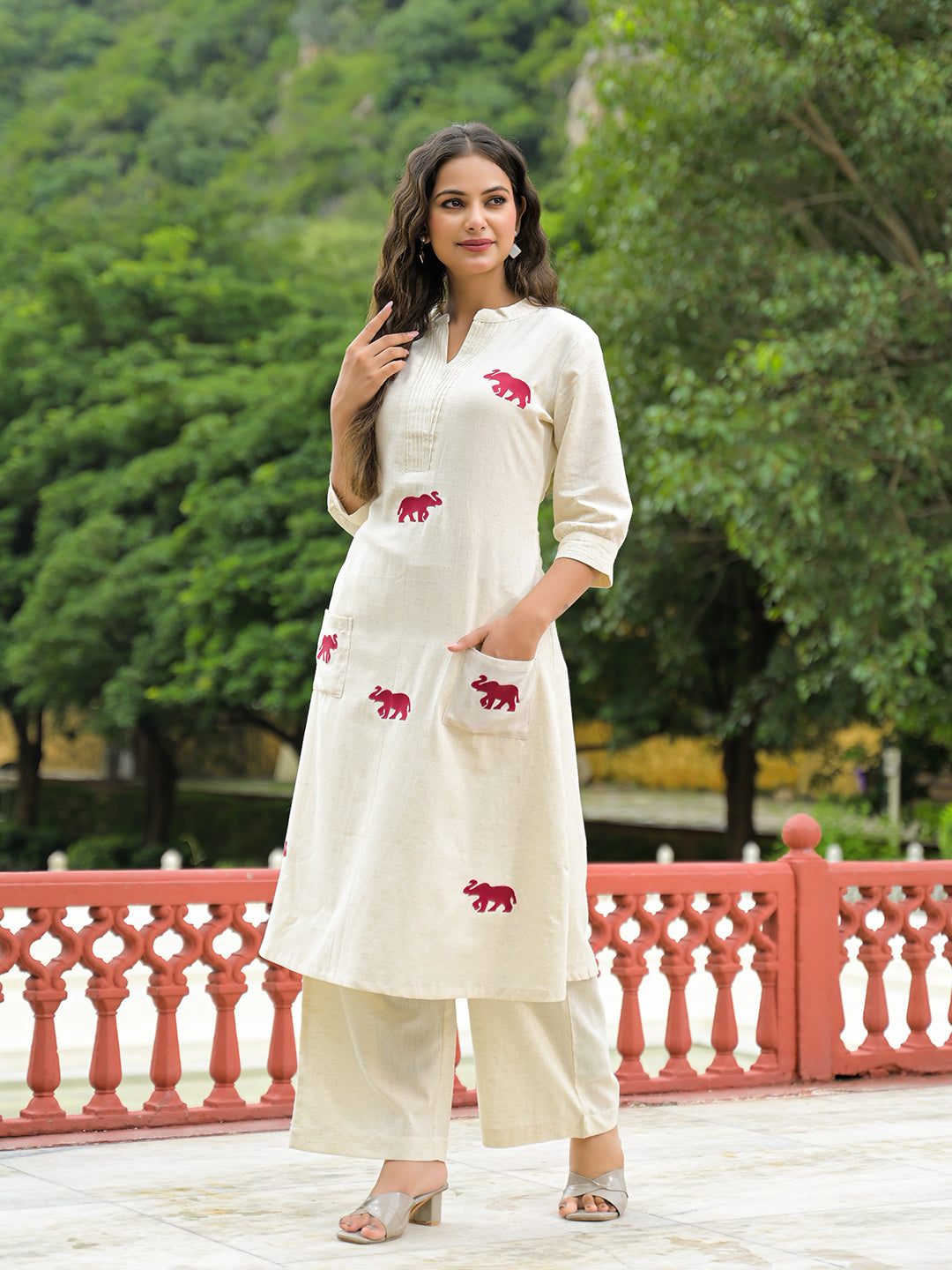 Noe Velarro Off White Embroidered Cotton A-line Kurta Pant Sets