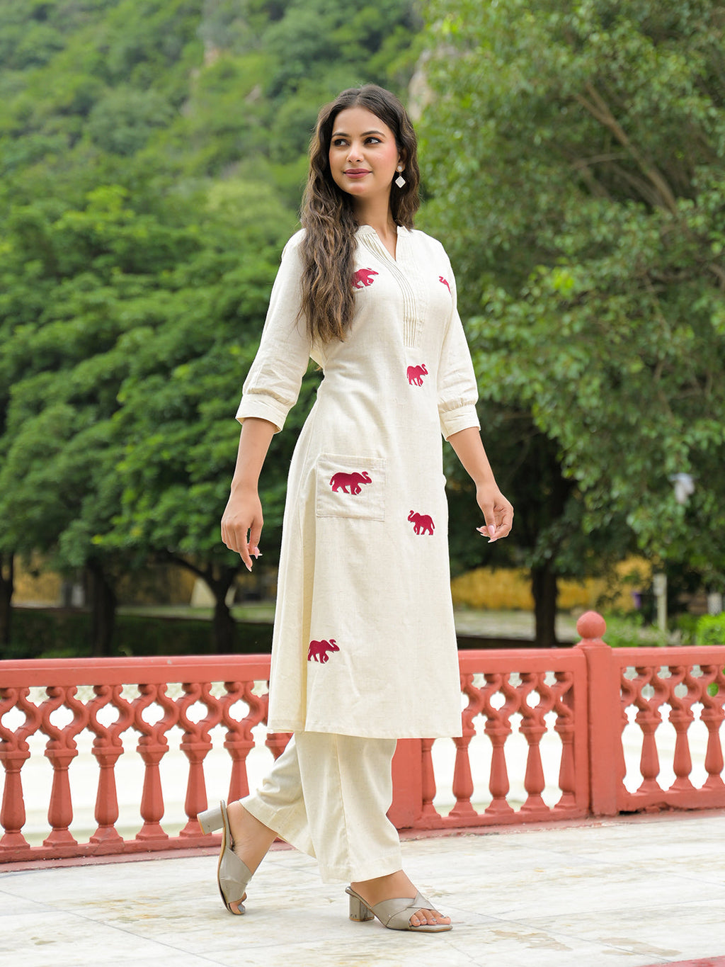 Noe Velarro Off White Embroidered Cotton A-line Kurta Pant Sets