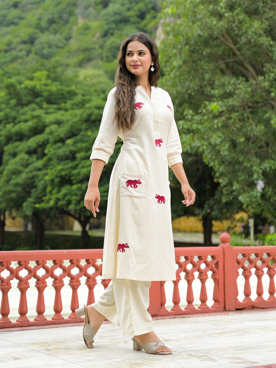 Noe Velarro Off White Embroidered Cotton A-line Kurta Pant Sets