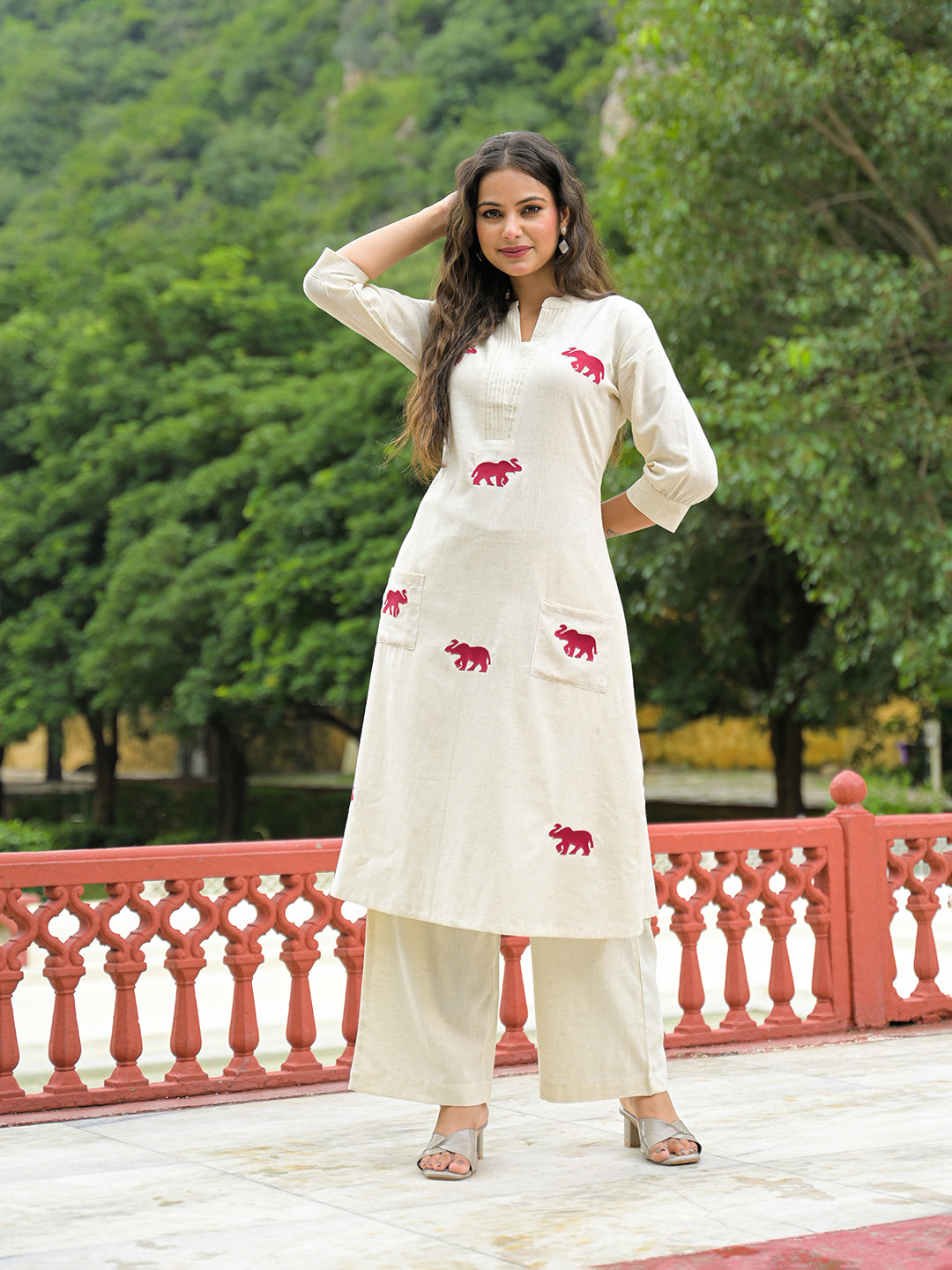 Noe Velarro Off White Embroidered Cotton A-line Kurta Pant Sets