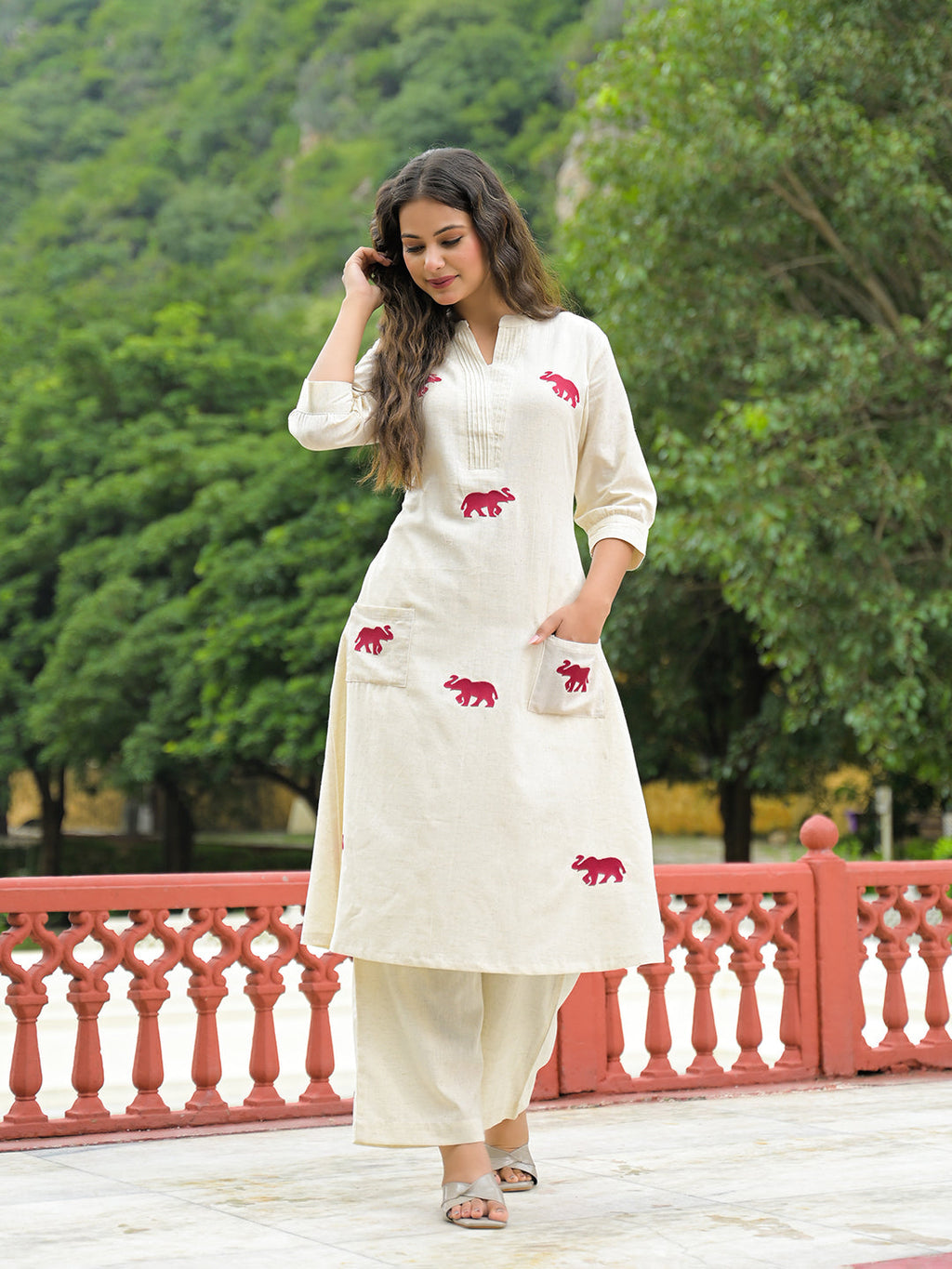 Noe Velarro Off White Embroidered Cotton A-line Kurta Pant Sets