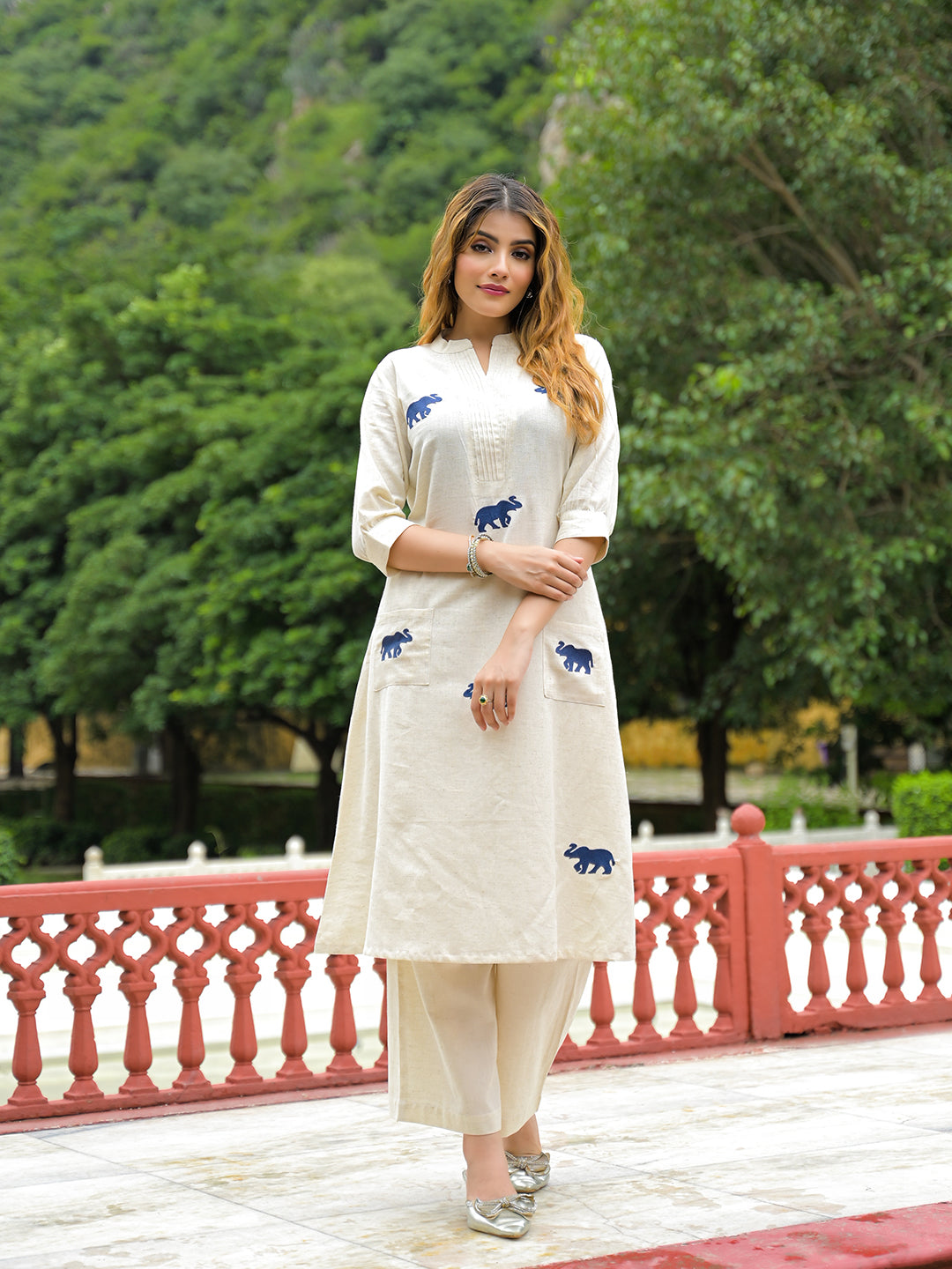 Noe Velarro Off White Embroidered Cotton A-line Kurta Pant Sets