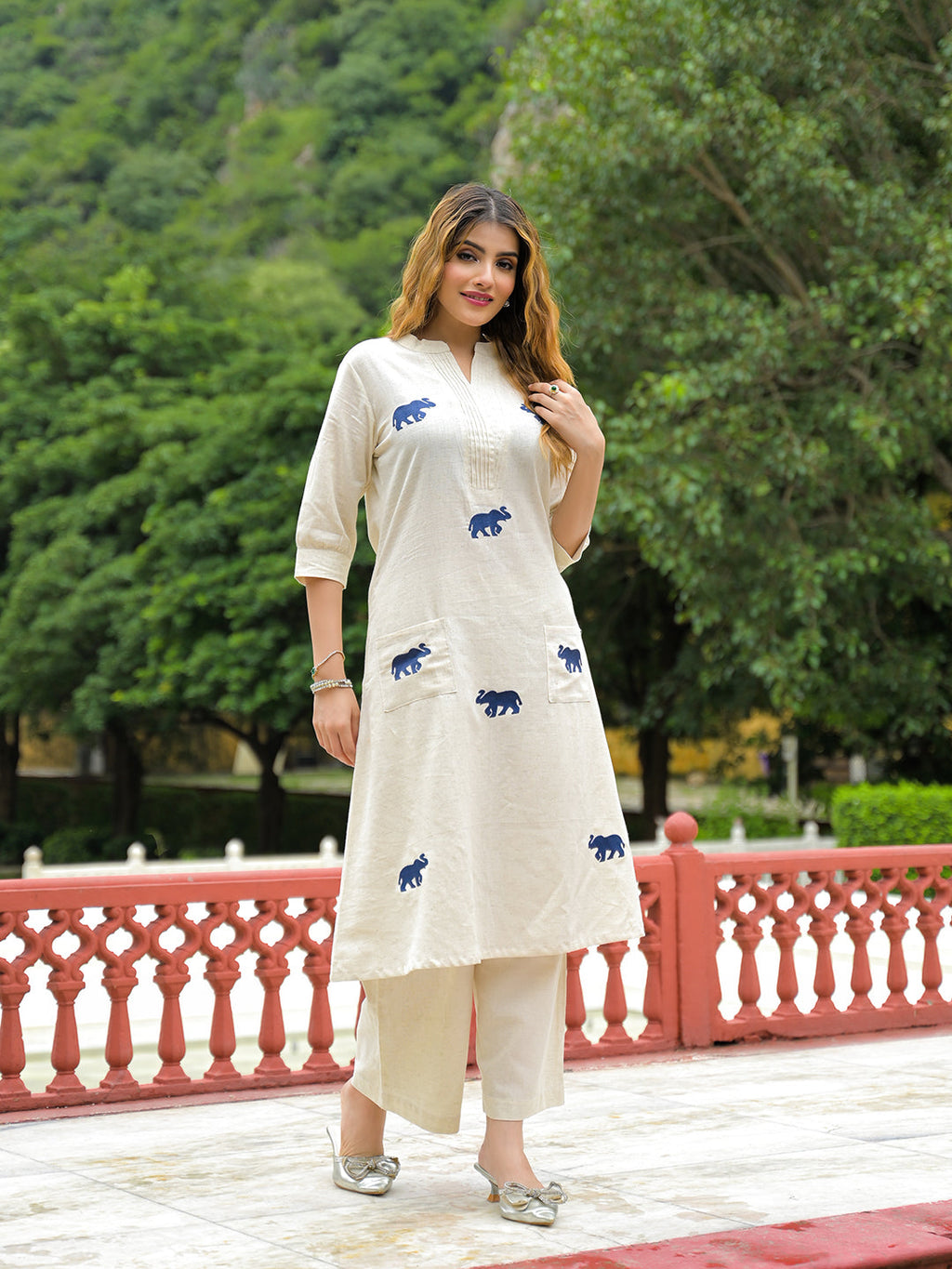 Noe Velarro Off White Embroidered Cotton A-line Kurta Pant Sets