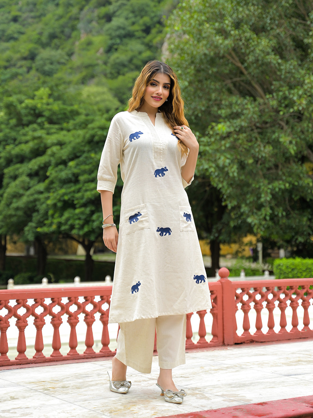 Noe Velarro Off White Embroidered Cotton A-line Kurta Pant Sets