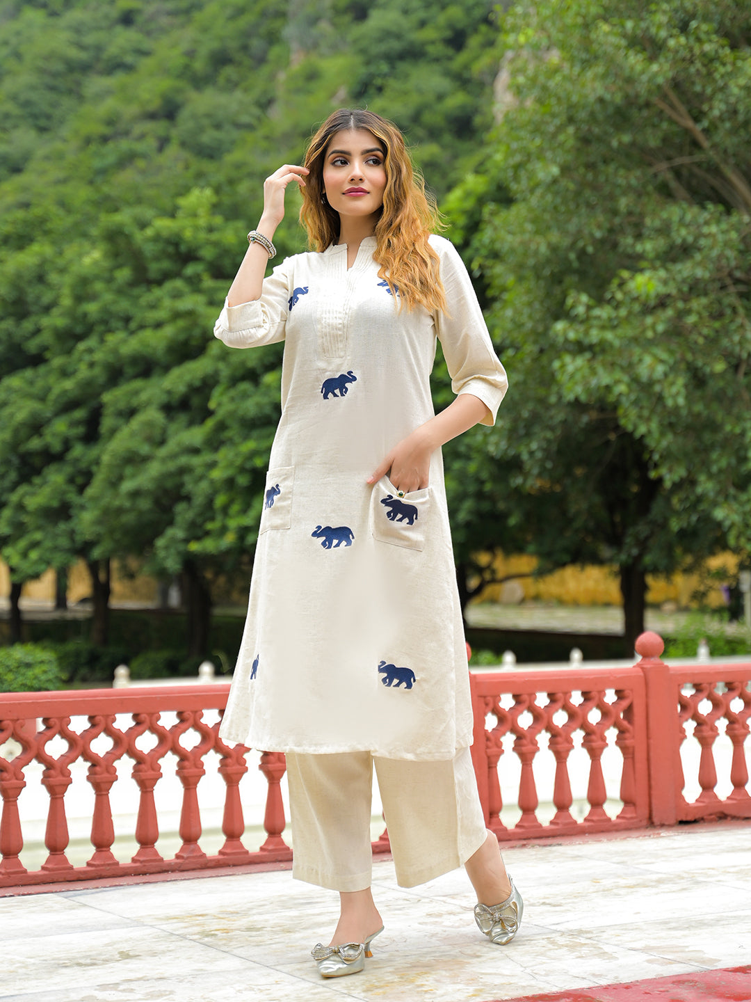 Noe Velarro Off White Embroidered Cotton A-line Kurta Pant Sets