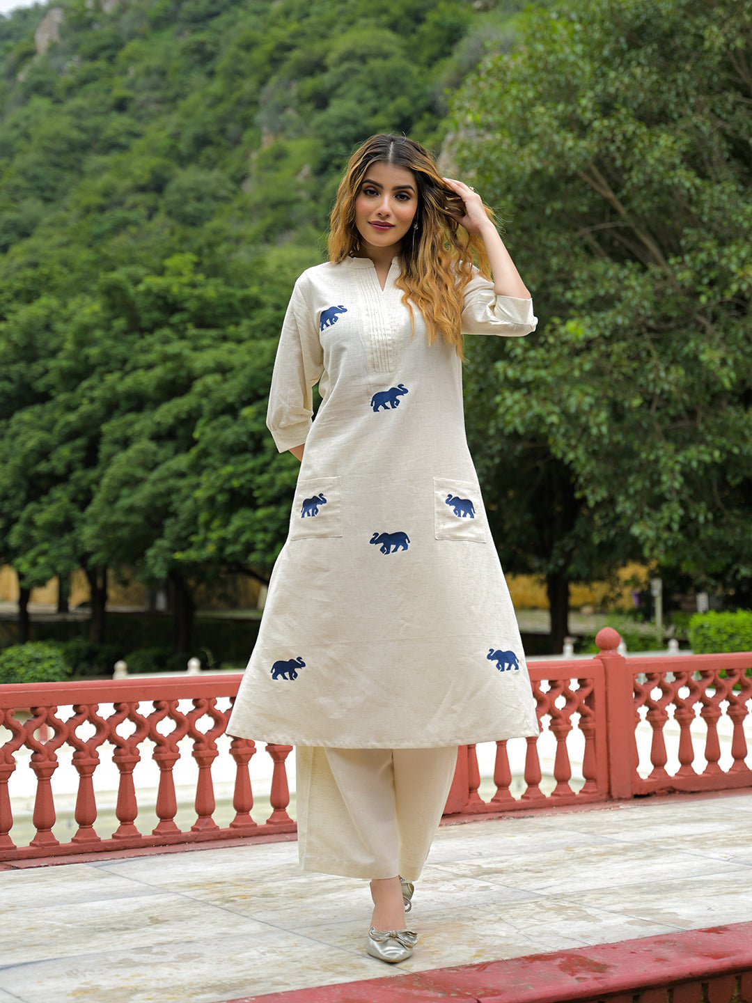 Noe Velarro Off White Embroidered Cotton A-line Kurta Pant Sets