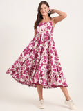 Noe Velarro Purple Printed Cotton Shoulder Strap Pompom Dress