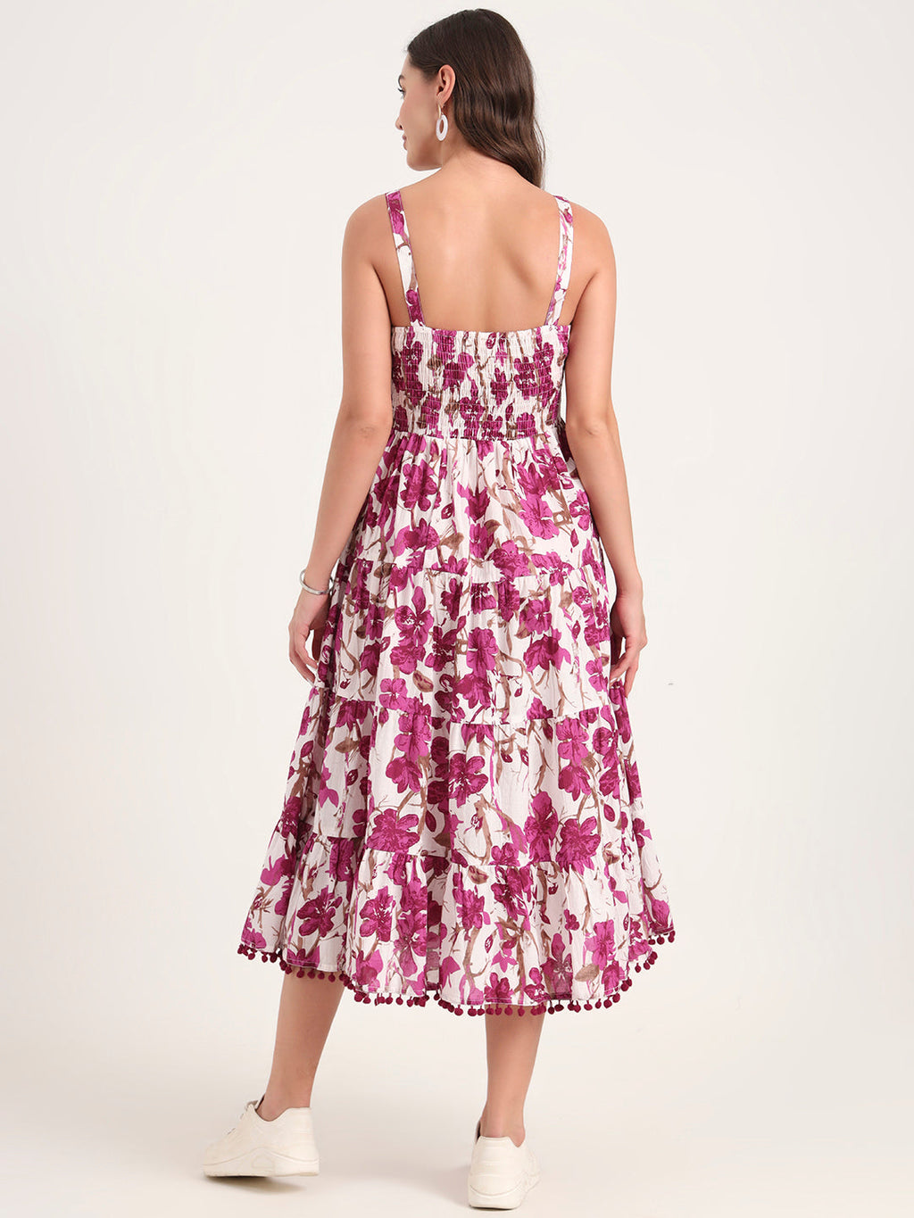 Noe Velarro Purple Printed Cotton Shoulder Strap Pompom Dress