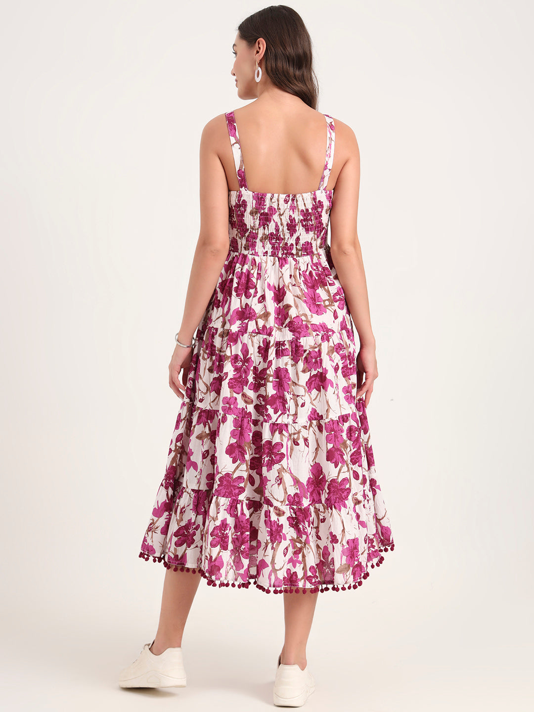 Noe Velarro Purple Printed Cotton Shoulder Strap Pompom Dress