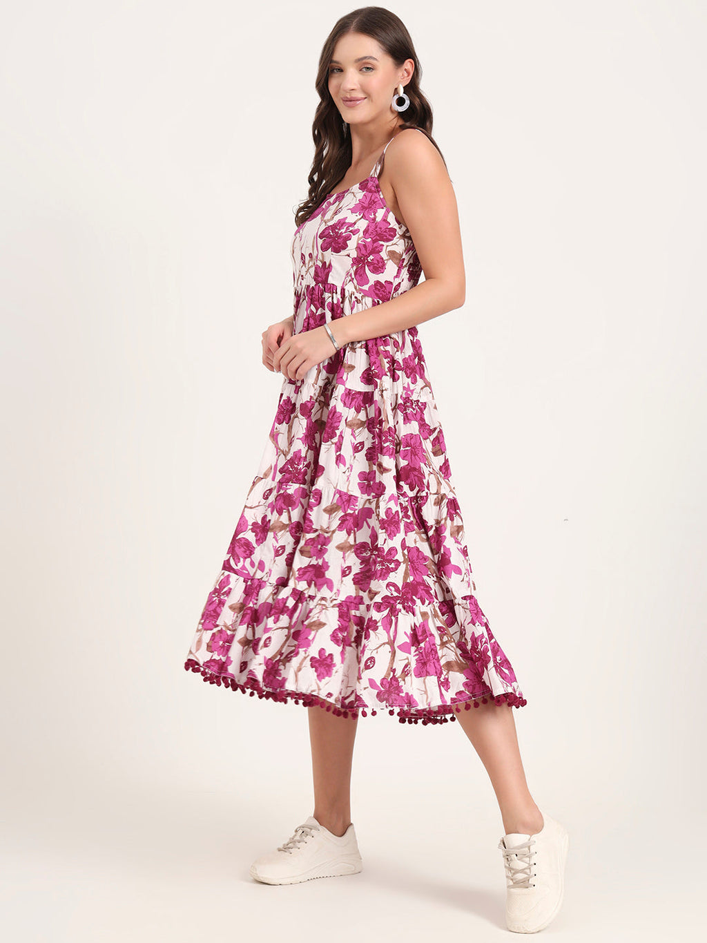 Noe Velarro Purple Printed Cotton Shoulder Strap Pompom Dress