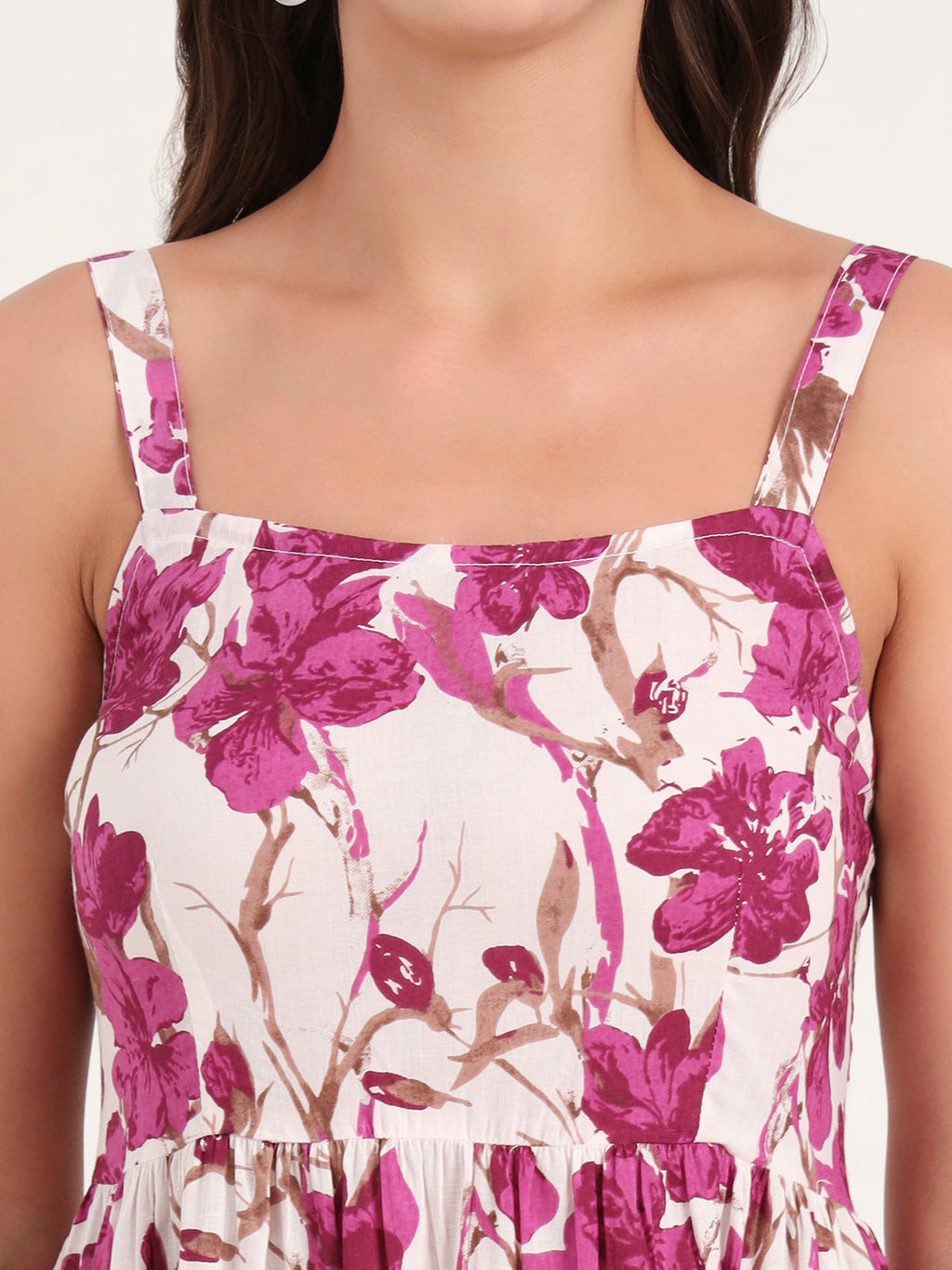Noe Velarro Purple Printed Cotton Shoulder Strap Pompom Dress