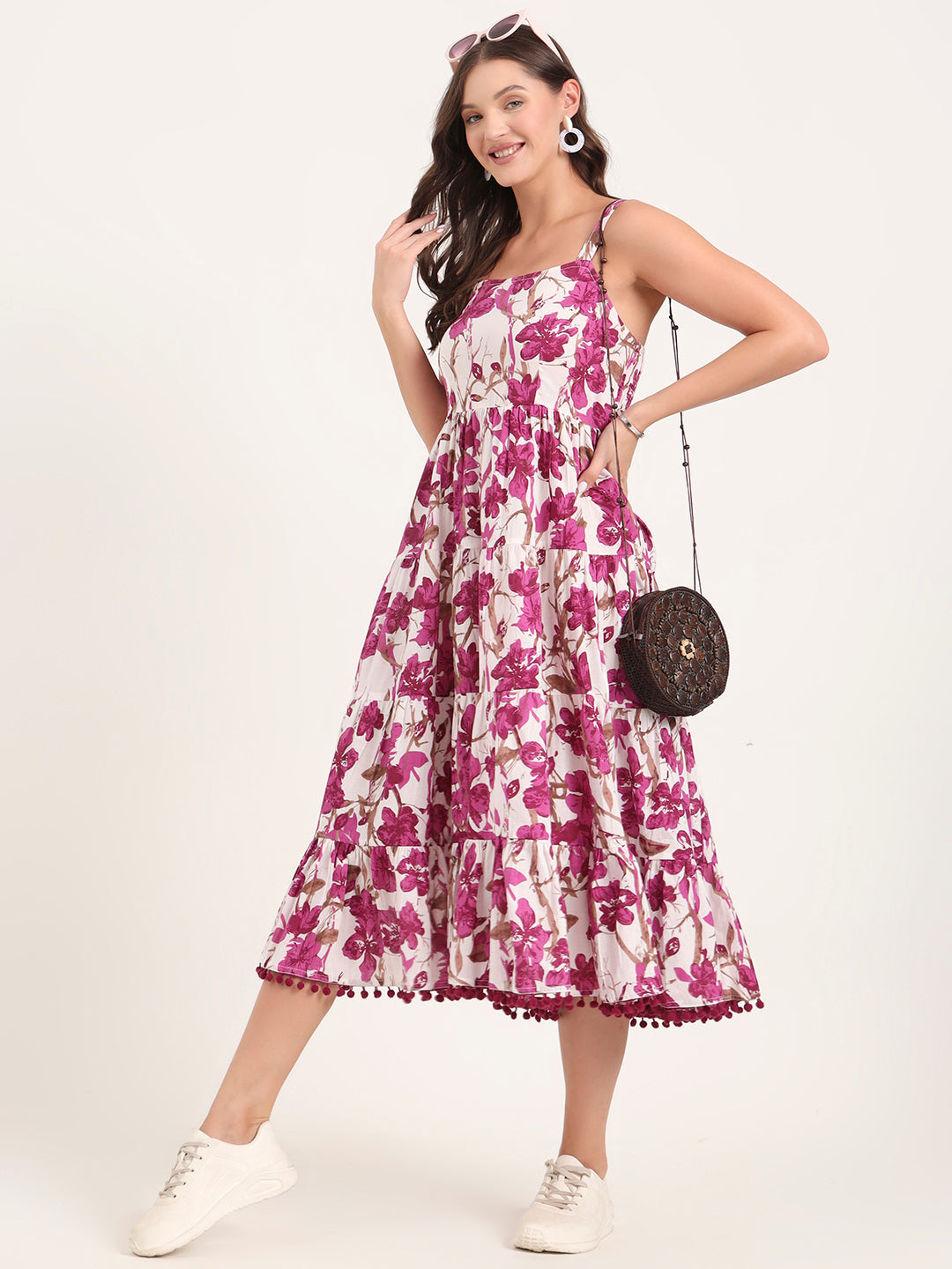 Noe Velarro Purple Printed Cotton Shoulder Strap Pompom Dress