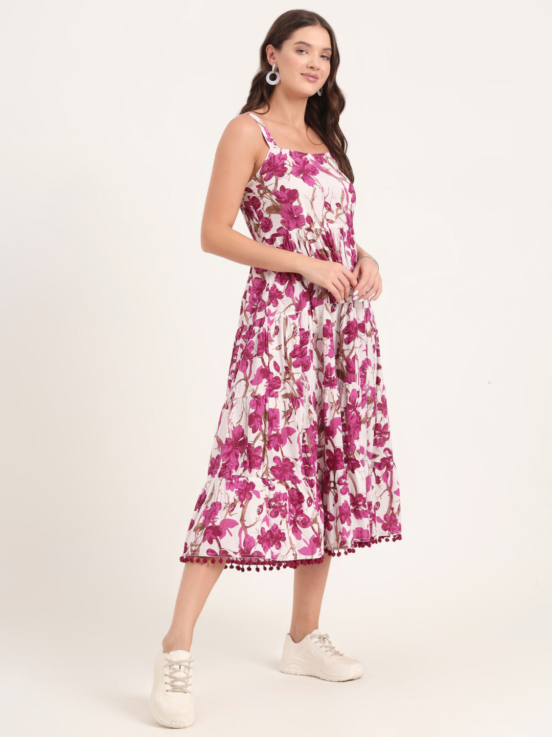 Noe Velarro Purple Printed Cotton Shoulder Strap Pompom Dress