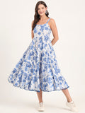 Noe Velarro Blue Printed Cotton Shoulder Strap Pompom Dress