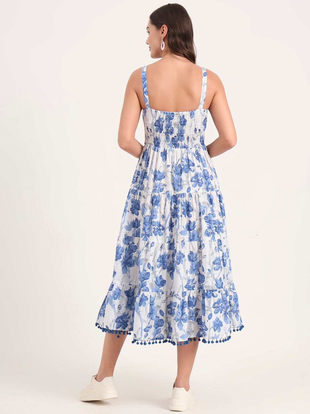 Noe Velarro Blue Printed Cotton Shoulder Strap Pompom Dress