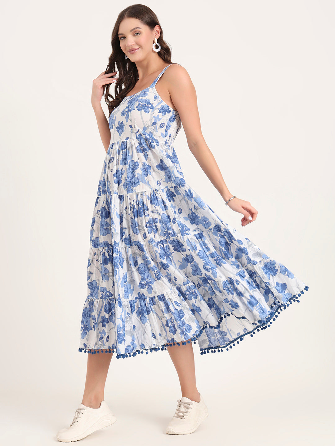 Noe Velarro Blue Printed Cotton Shoulder Strap Pompom Dress