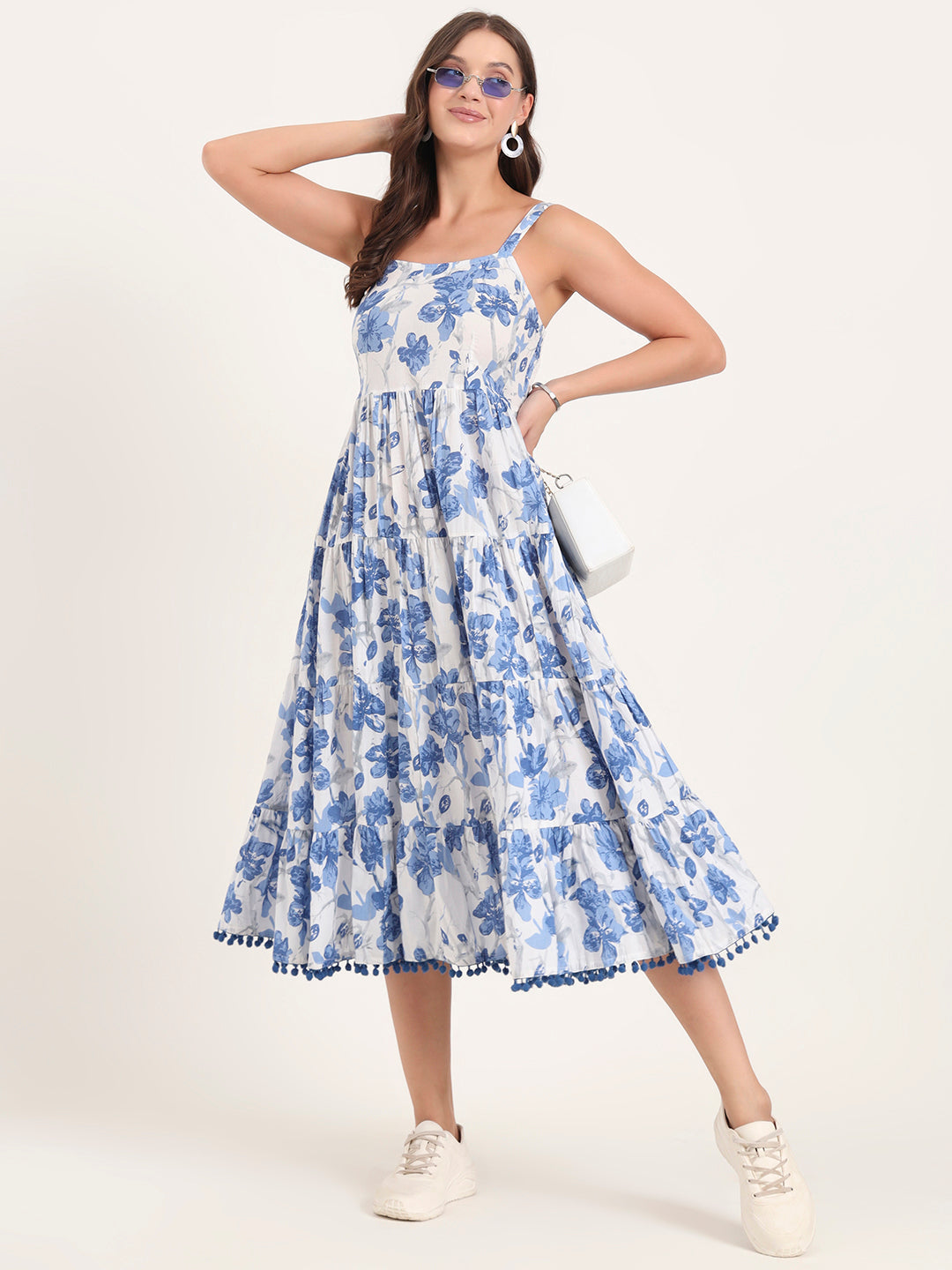 Noe Velarro Blue Printed Cotton Shoulder Strap Pompom Dress