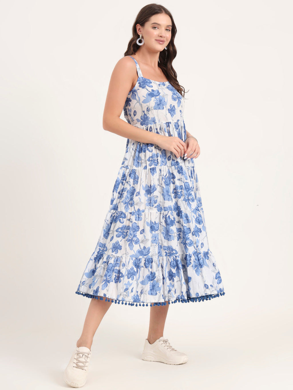 Noe Velarro Blue Printed Cotton Shoulder Strap Pompom Dress