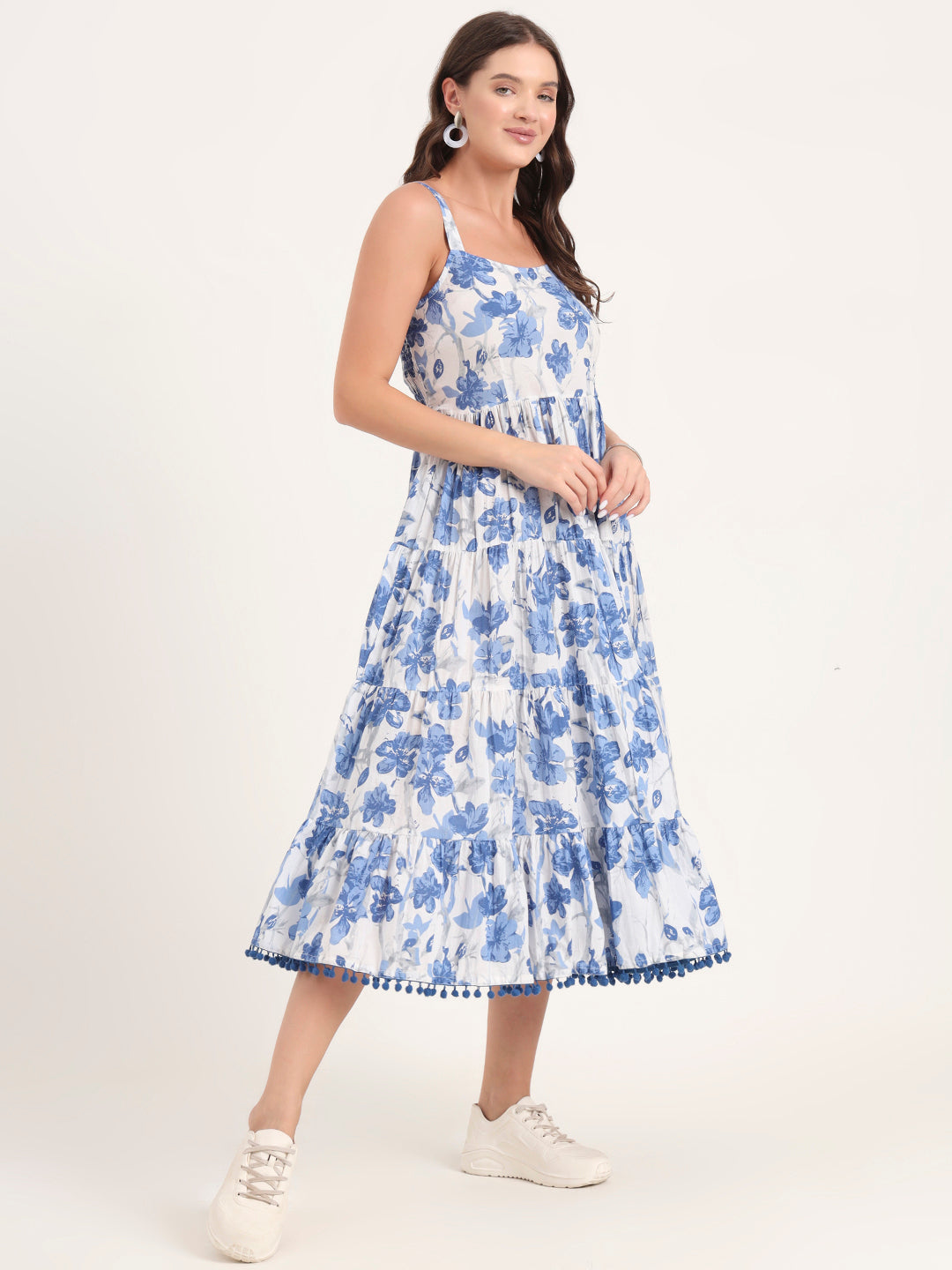 Noe Velarro Blue Printed Cotton Shoulder Strap Pompom Dress