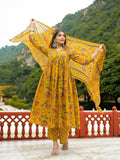 Noe Velarro Mustard Floral Print Cotton Anarkali Kurta Pant Set With Dupatta