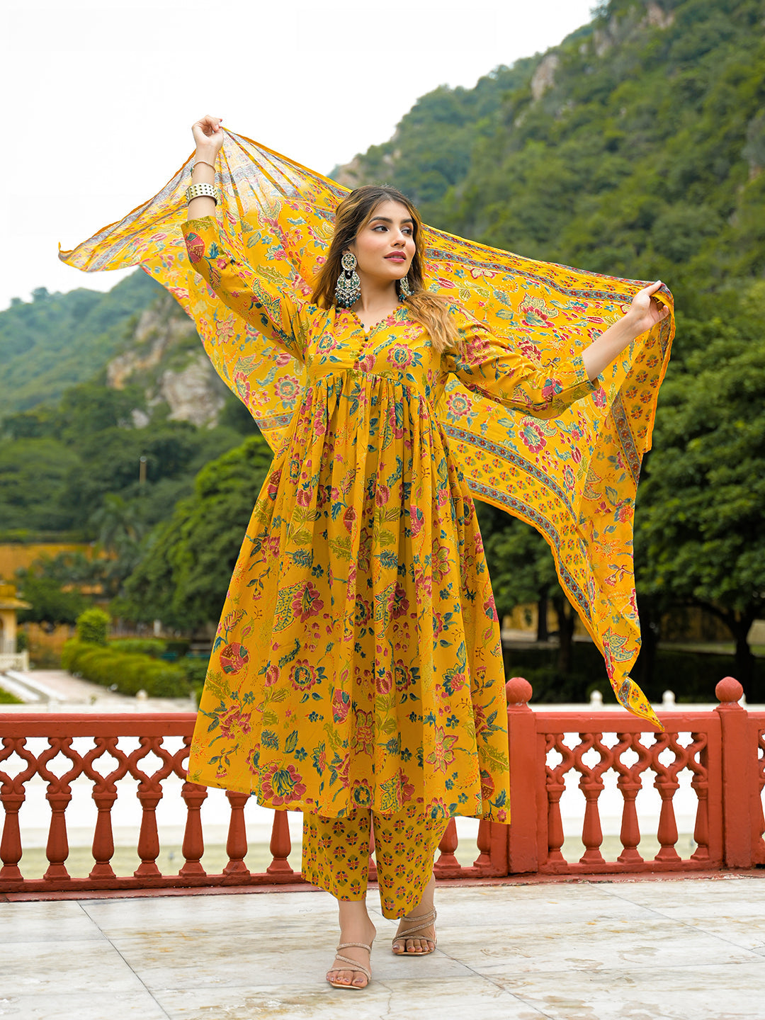 Noe Velarro Mustard Floral Print Cotton Anarkali Kurta Pant Set With Dupatta