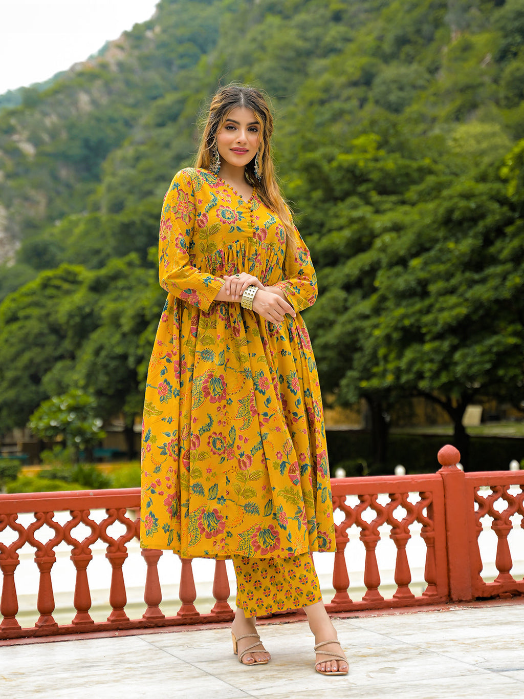 Noe Velarro Mustard Floral Print Cotton Anarkali Kurta Pant Set With Dupatta