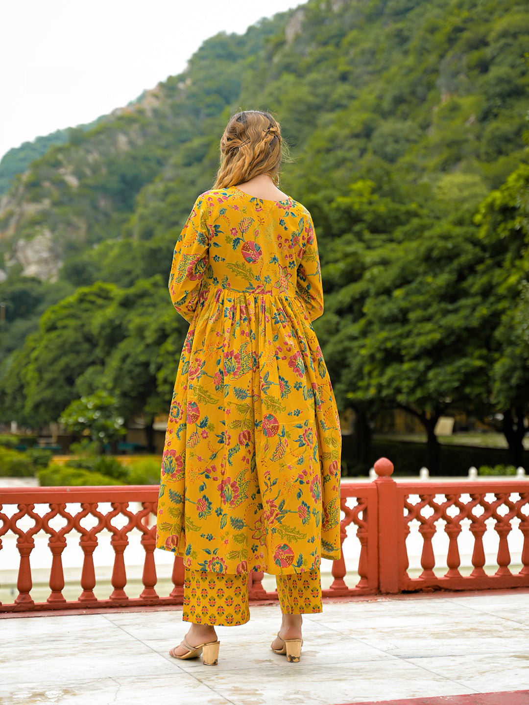 Noe Velarro Mustard Floral Print Cotton Anarkali Kurta Pant Set With Dupatta