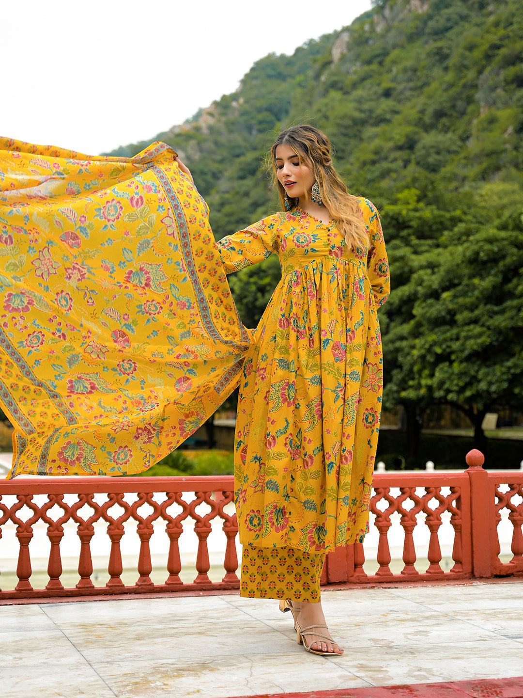 Noe Velarro Mustard Floral Print Cotton Anarkali Kurta Pant Set With Dupatta