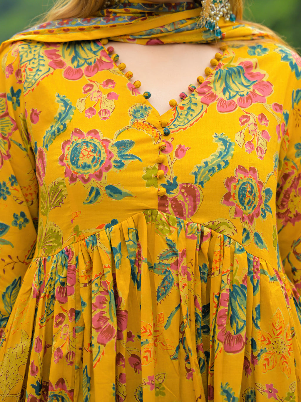 Noe Velarro Mustard Floral Print Cotton Anarkali Kurta Pant Set With Dupatta