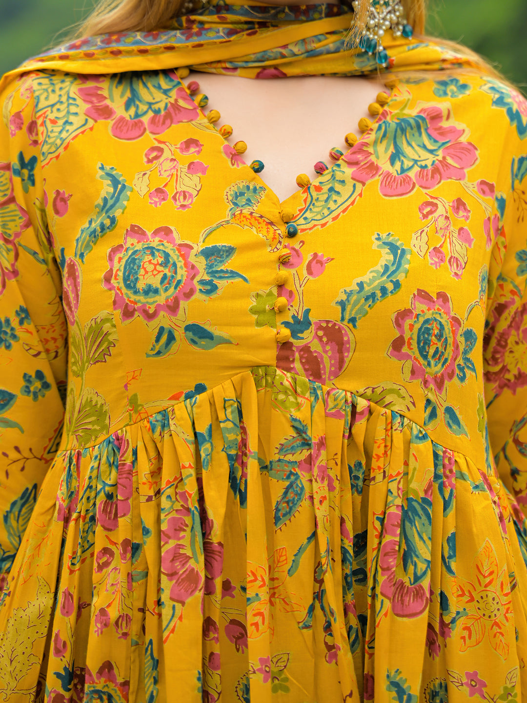 Noe Velarro Mustard Floral Print Cotton Anarkali Kurta Pant Set With Dupatta