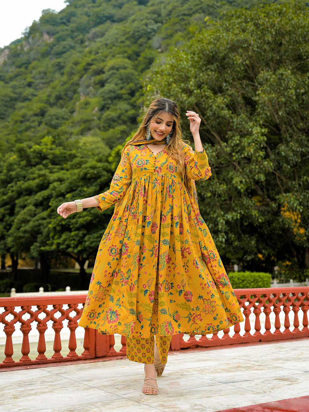 Noe Velarro Mustard Floral Print Cotton Anarkali Kurta Pant Set With Dupatta