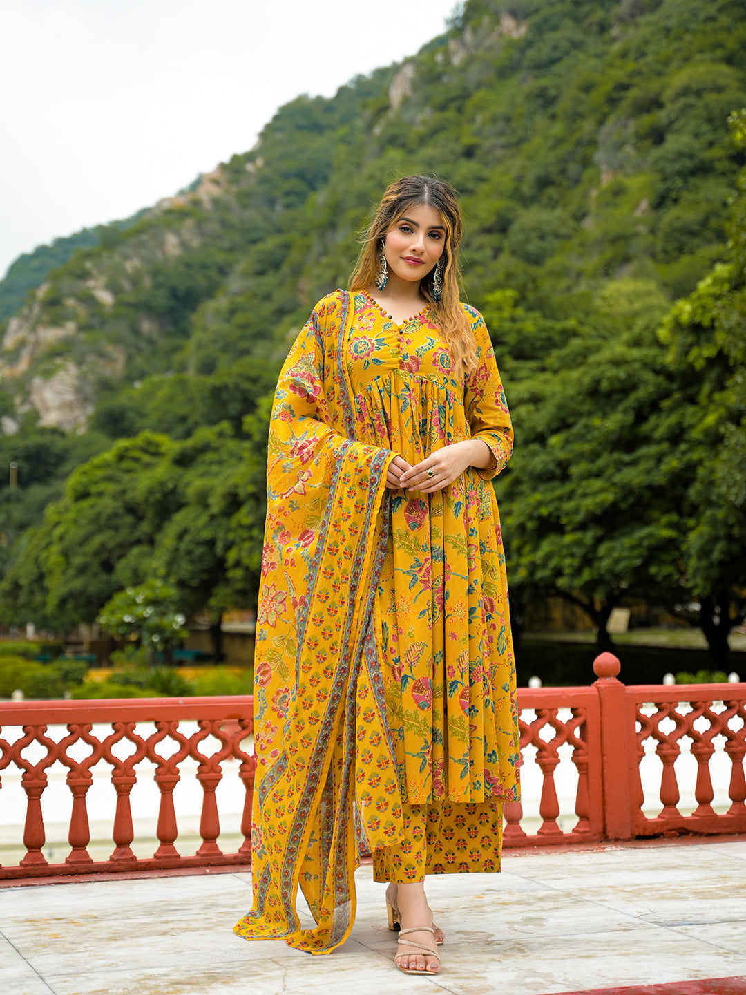 Noe Velarro Mustard Floral Print Cotton Anarkali Kurta Pant Set With Dupatta