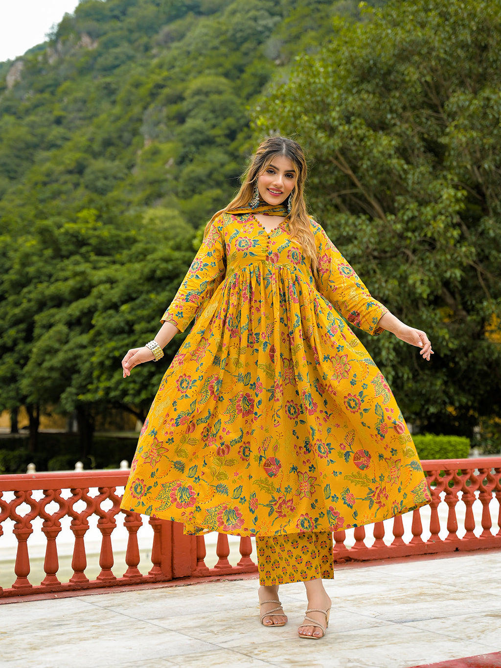 Noe Velarro Mustard Floral Print Cotton Anarkali Kurta Pant Set With Dupatta