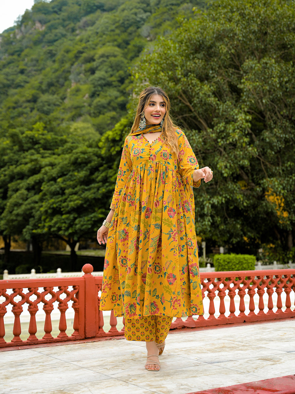 Noe Velarro Mustard Floral Print Cotton Anarkali Kurta Pant Set With Dupatta
