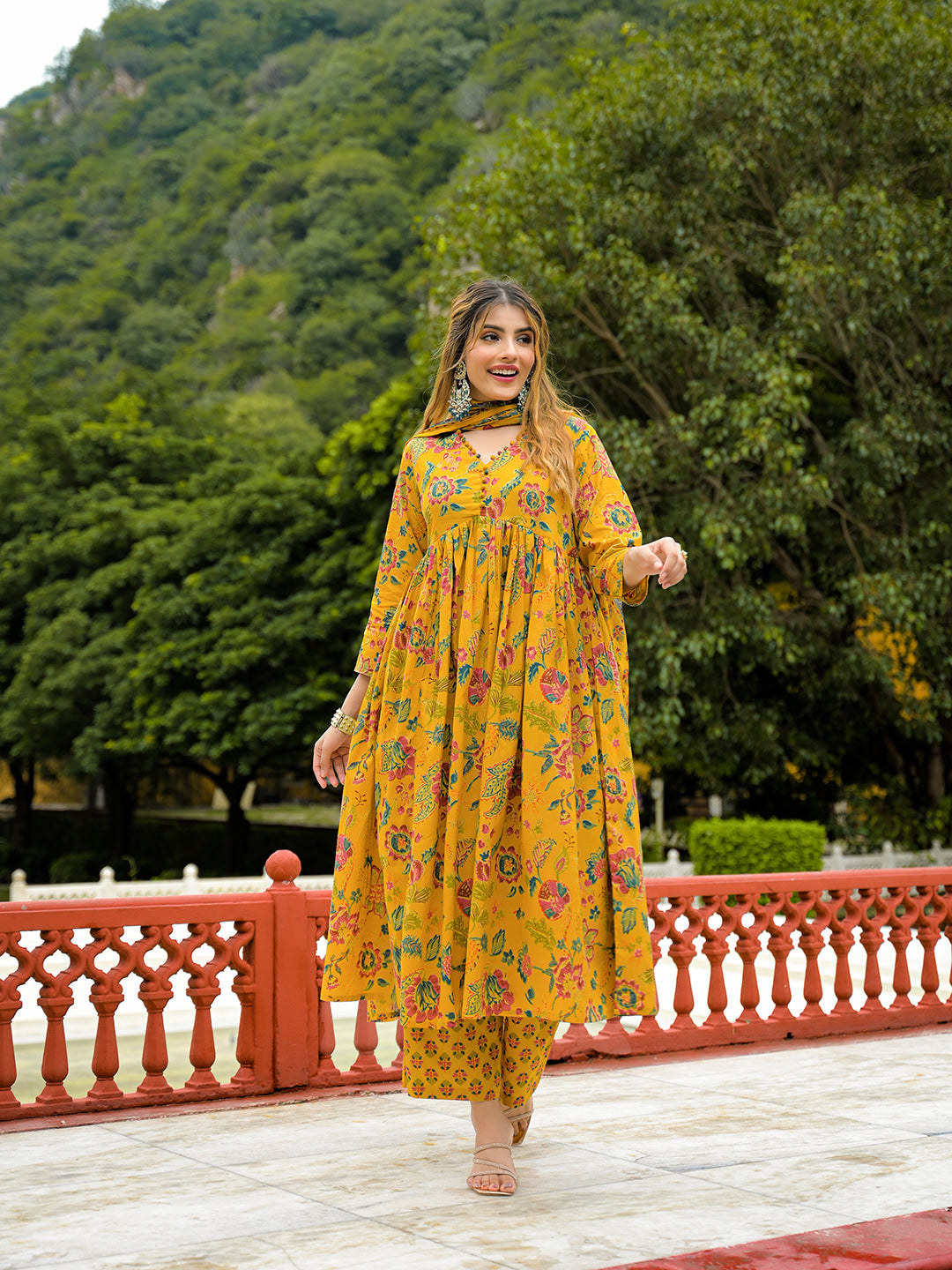 Noe Velarro Mustard Floral Print Cotton Anarkali Kurta Pant Set With Dupatta