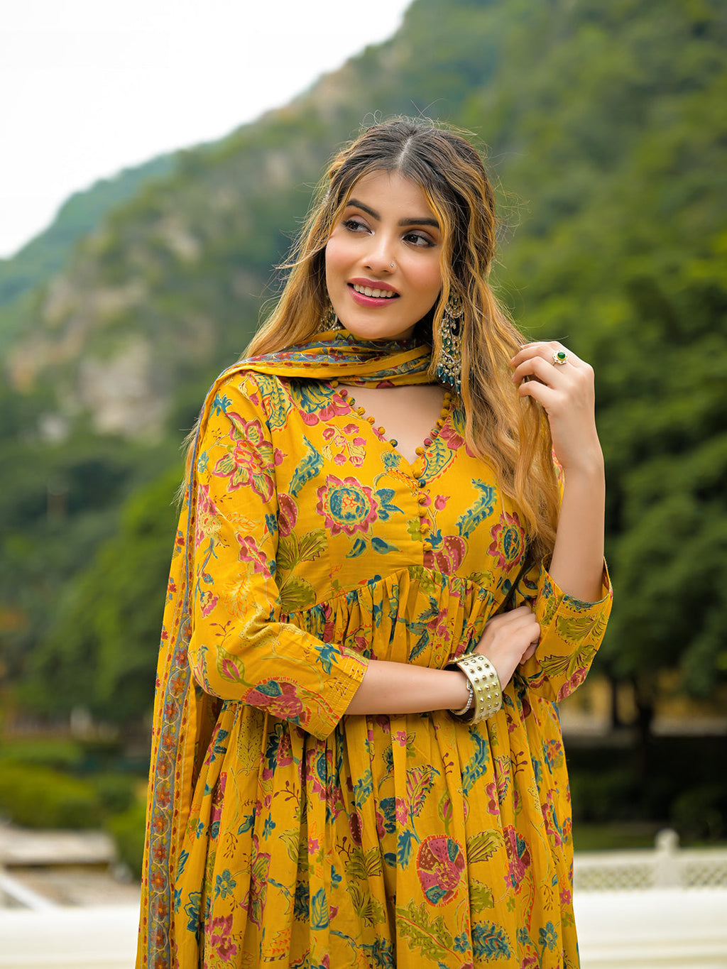 Noe Velarro Mustard Floral Print Cotton Anarkali Kurta Pant Set With Dupatta