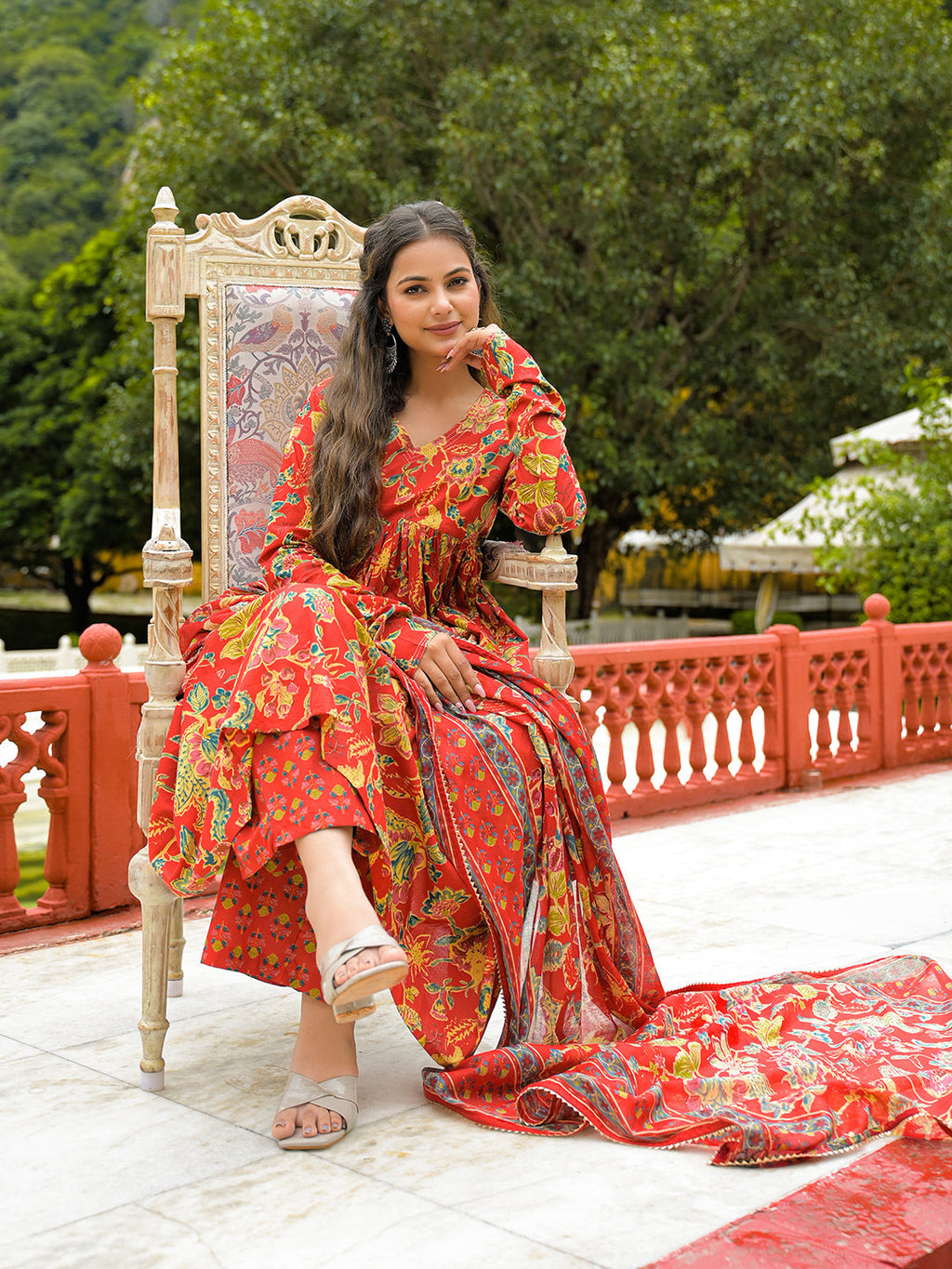 Noe Velarro Red Cotton Straight Kurta Pant With Dupatta
