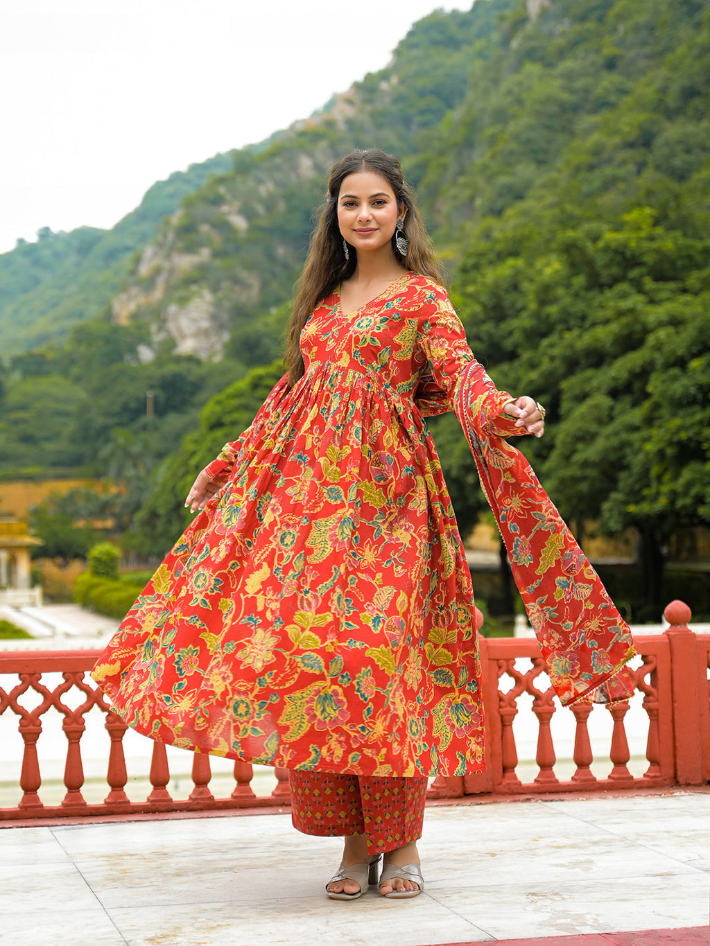 Noe Velarro Red Cotton Straight Kurta Pant With Dupatta