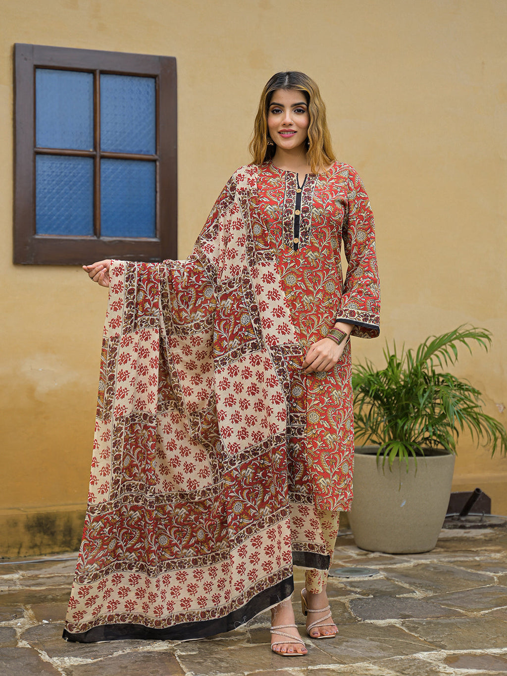 Noe Velarro Maroon Hand Block Cotton Straight Kurta Pant With Dupatta